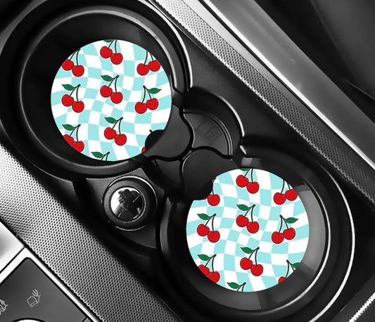 Blue Checkered Cherry Car Coaster