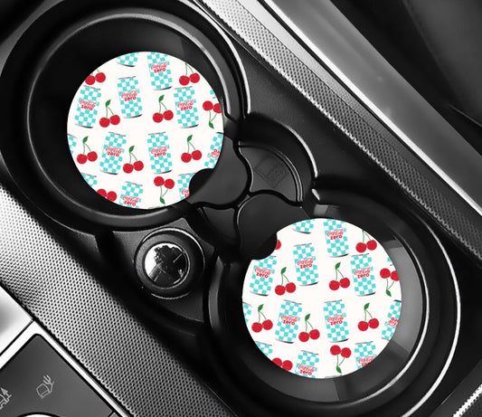 blue checkered cherry drink car coaster